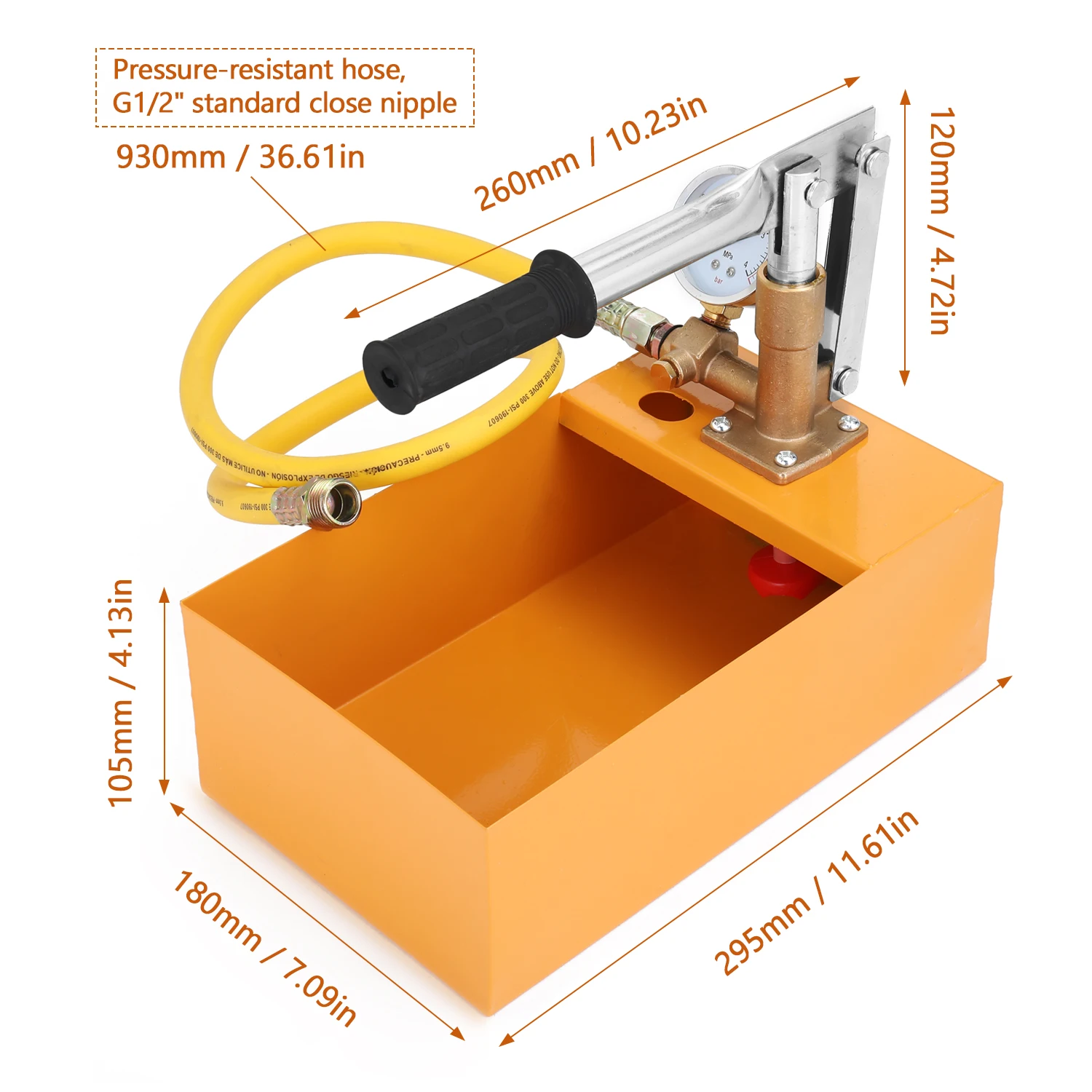 

1 Set Yellow Water Pressure Tester Copper 2.5MPa 0-40KG Water Pressure Tester Manual Hydraulic Test Pump Machine with G1/2" Hose
