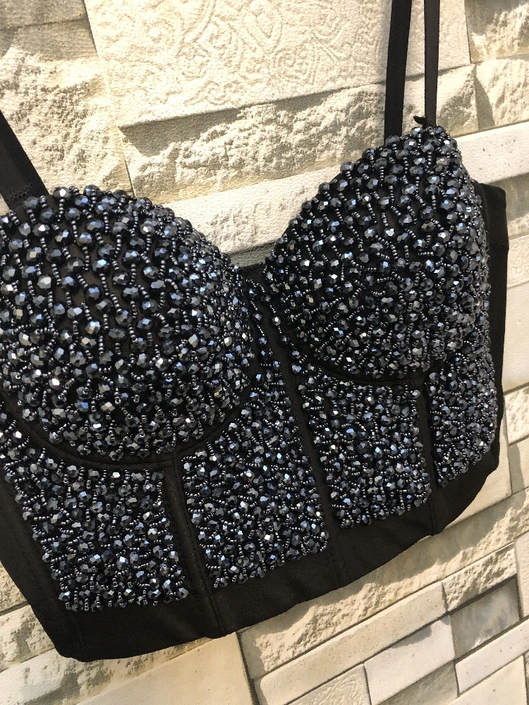 luxury manual customization Beaded Sport Bra Fitness Tops black Push Up Dance performance Underwear Sports Bras for girl club