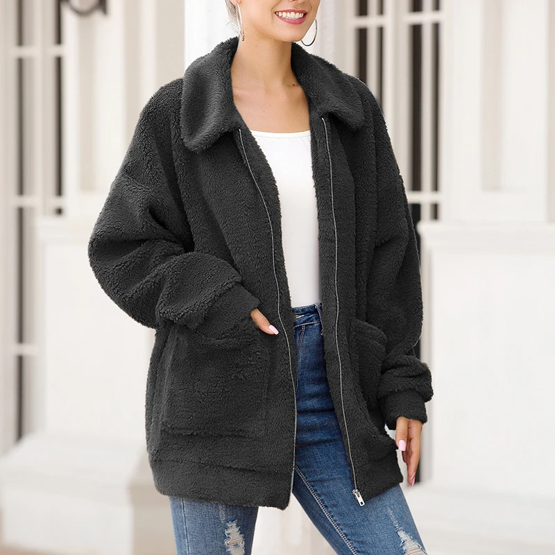 Women Warm Jacket Zipper Long Sleeve Lapel Coat Ladies Fleece Faux Fur Outwear Winter Windproof Thick Plus Size 2XL |