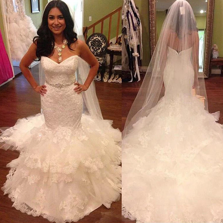 

Gorgeous Tulle Sweetheart Mermaid Wedding Dress Lace Appliques Ruffled Lace Skirt Bridal Gowns Wedding Gowns vestidos de novia