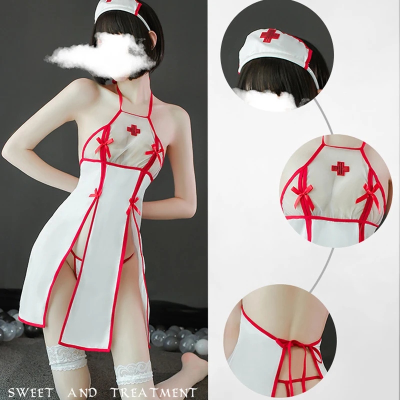 

Женское Эротическое нижнее белье, сексуальное японское кружевное прозрачное ночное белье с разрезом и открытой спиной, костюм медсестры дл...