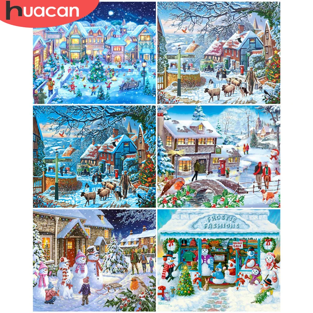 

HUACAN картина по номеру зимний дом ручная роспись рисунок на холсте подарок DIY картинки по номерам рождественские наборы домашний декор