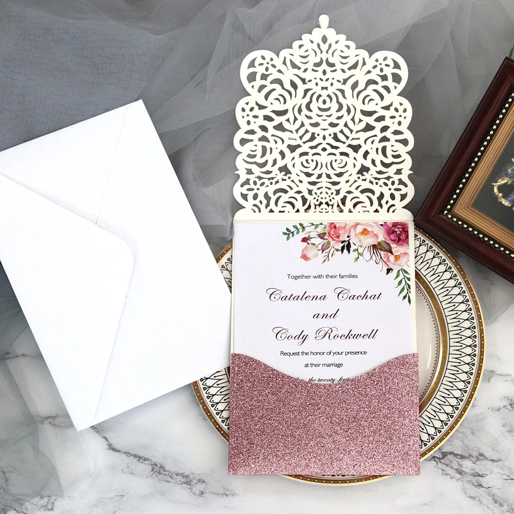 10pcs Pearl paper Business Invitation Glitter Openwork Pocket Rose Lace Card Wedding Universal | Дом и сад