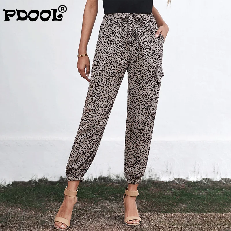 

Брюки женские с леопардовым принтом, повседневные на осень, с поясом-шнуровкой, брюки с девятью штанинами