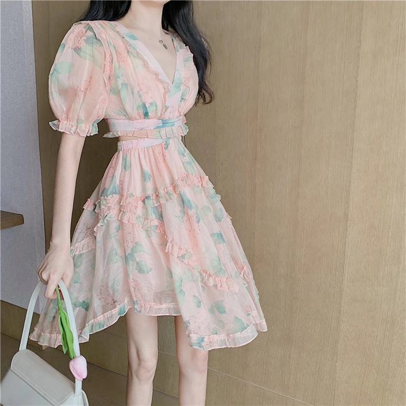 

Elegant Fairy Pink Floral Dress Set Chiffon Dress Women Summer Holiday Beach Ruffle Dress