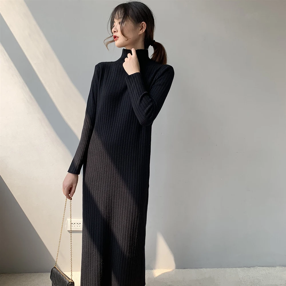 2019 вязанное осеннее платье-свитер с длинным рукавом женские пуловеры высоким