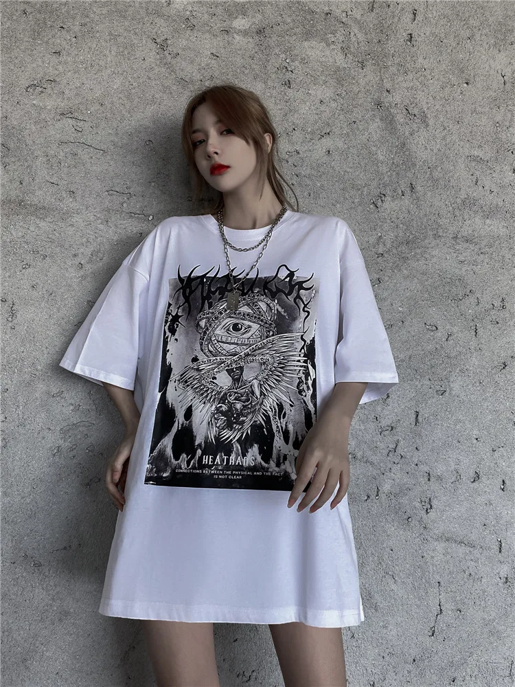 

Summer Oversized T Shirt Women Dark Graphic Print Hip Hop Tee Shirt Casual Loose Cotton Short Sleeve Tops Tees Harajuku Shirt