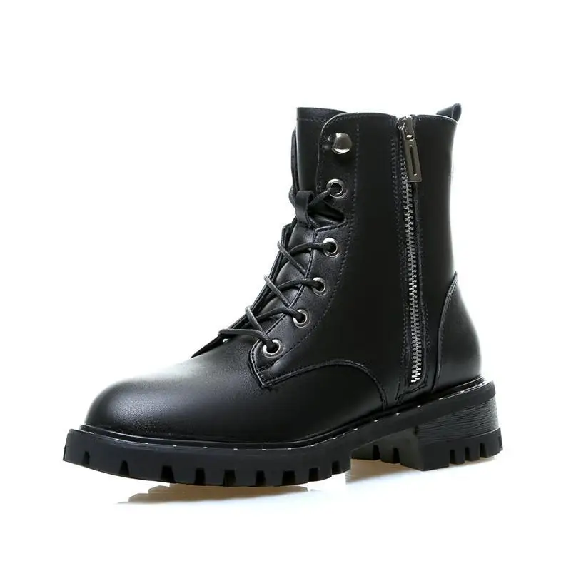 

2021 New Women Boots Leather Autumn Lace-up Motorcycle Boots Ladies British Style Side Zipper Women Ankle Winter Boots Black