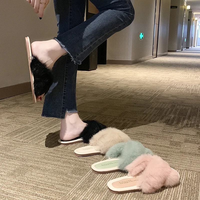 Милые пушистый кролик меховые шлепанцы летние пляжные сандалии пушистая
