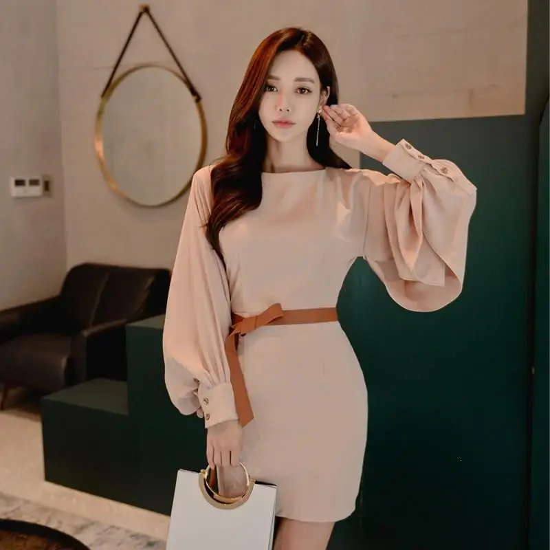 2019 осеннее женское однотонное мини-платье с круглым вырезом офисное платье