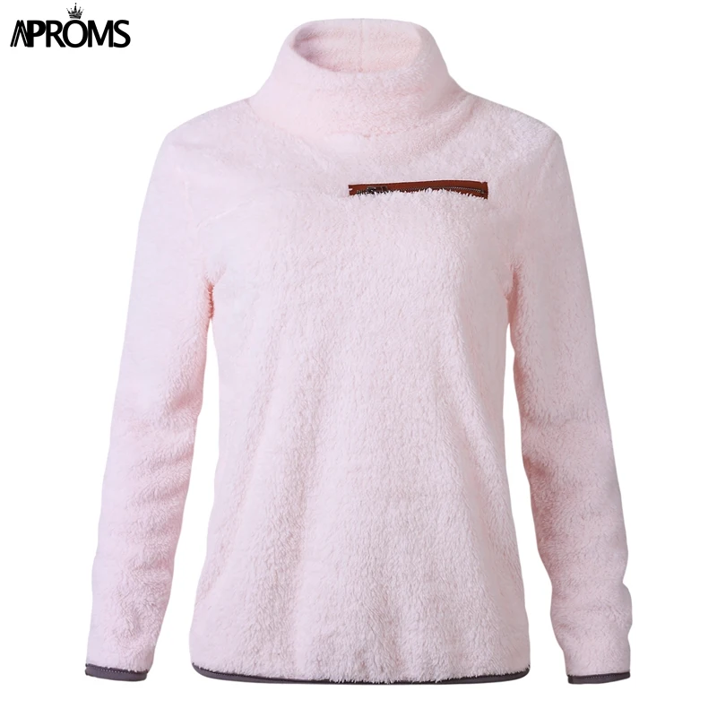 Aproms Soft Teddy Turtleneck Hoodies Women Casual Solid Zipper Sweatshirt Pullover Cool Girls Streetwear Warm Tracksuits Jumper