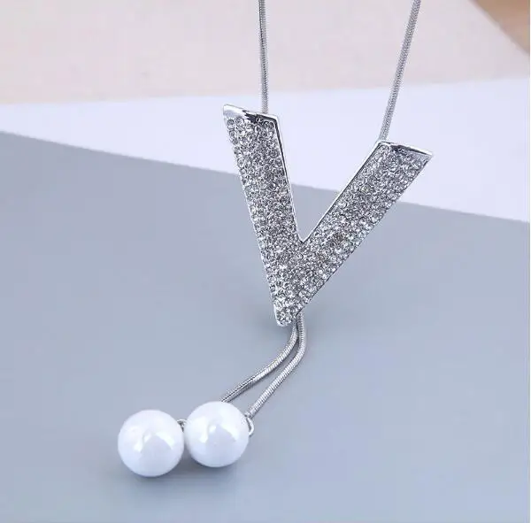 Металлическая цепочка Серебряная Стразы V-образная Подвеска Ожерелье женское