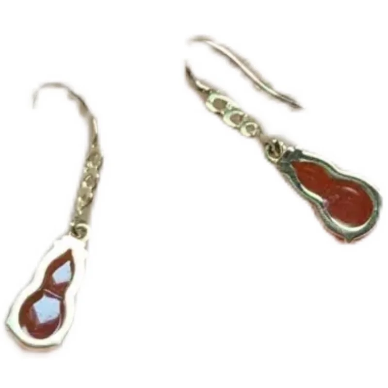 

New Design New Sterling Silver S925 Inlaid Chalcedony Red Gourd Retro Temperament Gourd Vine Earrings Simple Fashion