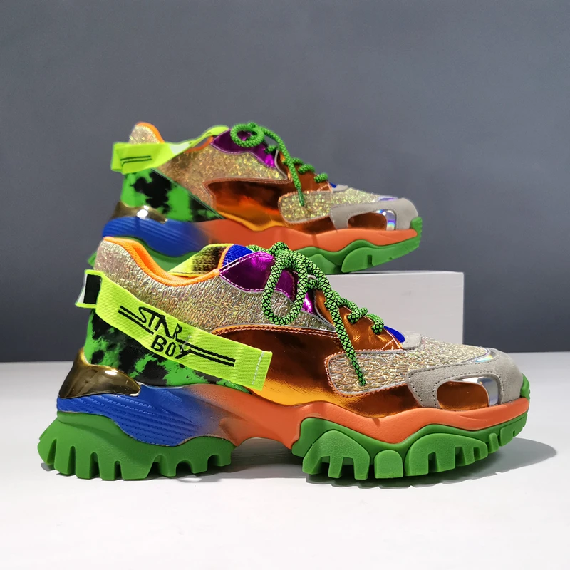 

Real Leather Diamonds Breathable Platform Sneakers Women Designer Mesh Splice Hollow Out Height Increased Shoes Hip-Hop Shoes