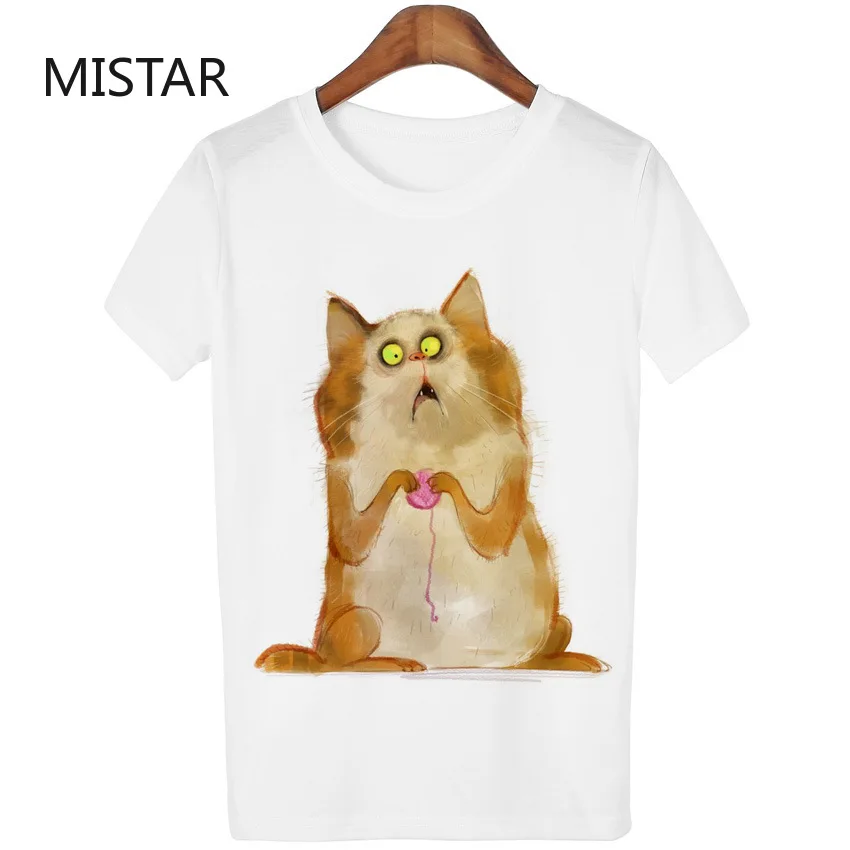 

Женская футболка с забавным принтом кошки, белая футболка с мультяшным принтом, топ с коротким рукавом, женские летние футболки, повседневн...
