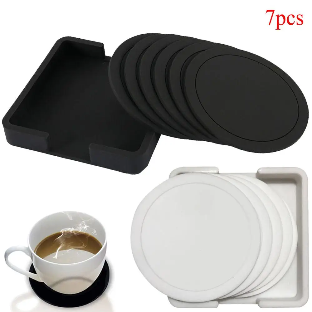 

7pcs Non-slip Table Coaster Set Heat Resistant Silicone Mat Drink Glass Black Coasters Kitchen Accessories Coffee Mug Placemat