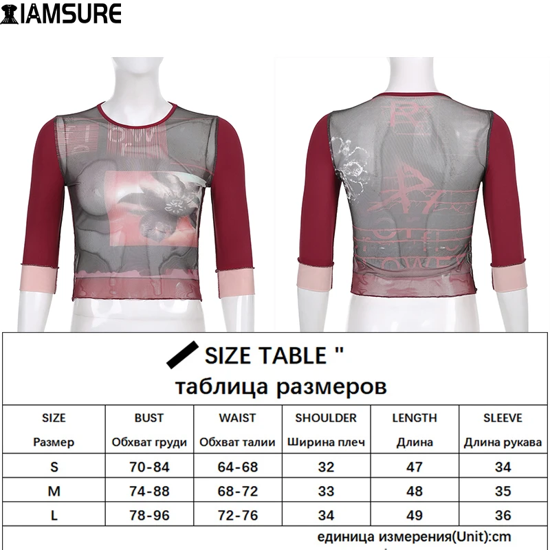 

IAMSURE Printed Patchwork Mesh Top See Through Sexy Slim Half Sleeve O-Neck Crop Top Women 2021 Fashion High Street Casual Tees