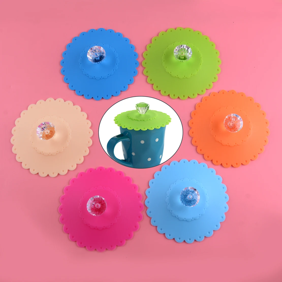 LETAOSK New 6 Set Reusable Cute Silicone Leakproof Dustproof Suction Seal Cup Lid Cap Cover Glass Drink Coffee Mug