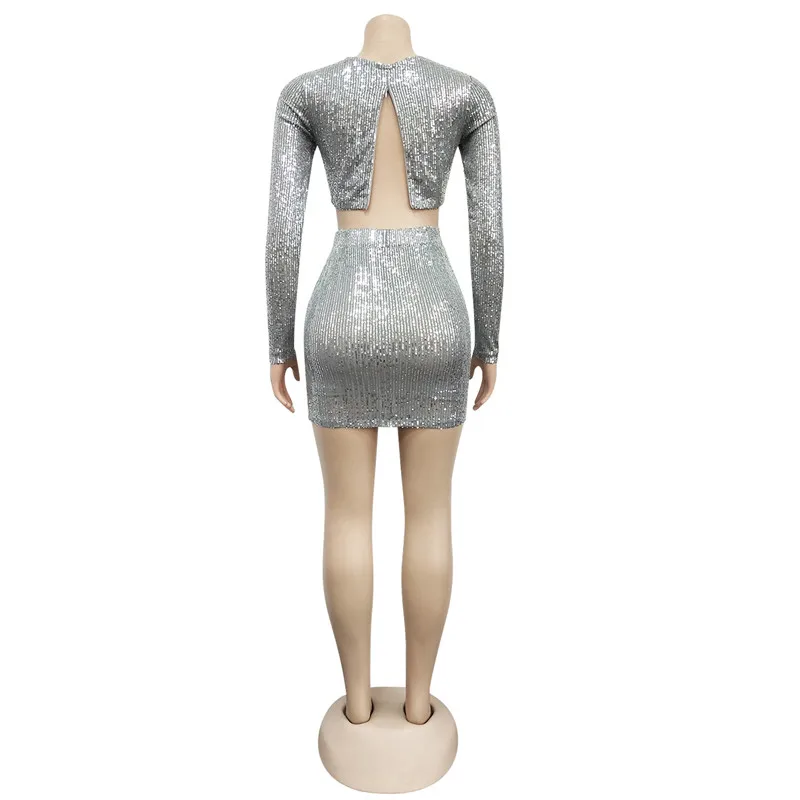 

Hollow Out Sequined 2 Piece Women's Set Long Sleeve O-Neck Tank Pleated Pencil Skirt Sexy Clubwear Solid Vestidos New