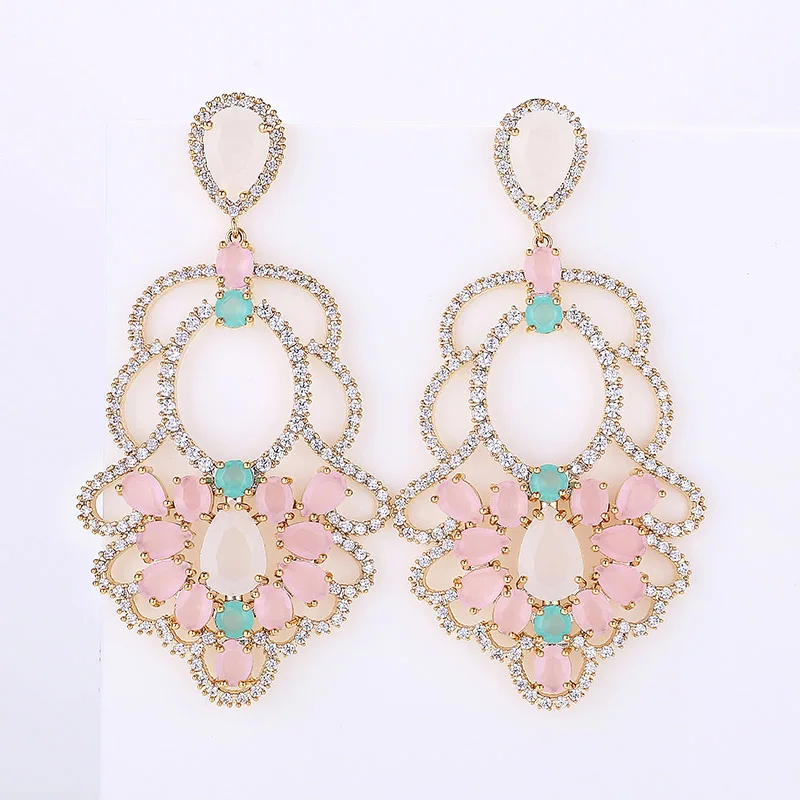 Pink zircon Роскошные ювелирные изделия большие полые серьги в виде цветка цвет циркония красивый стиль женские 925 Висячие серьги XIUMEIYIZU бренд - Окраска металла: Pink zircon