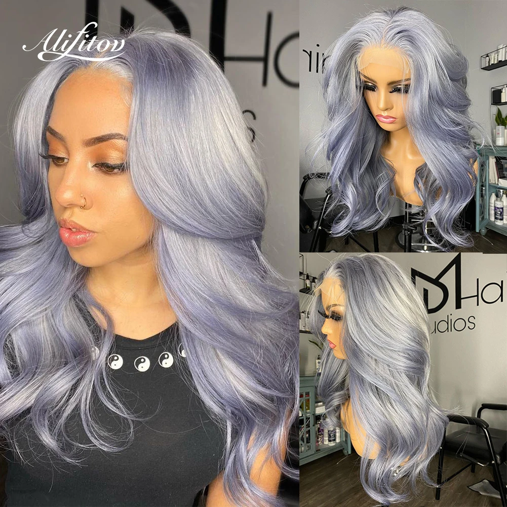 

ALIFITOV Silver Grey Human Hair Wig Pre Plucked Body Wave Lace Front Wig with Baby Hair Glueless HD Transparent Lace Frontal Wig