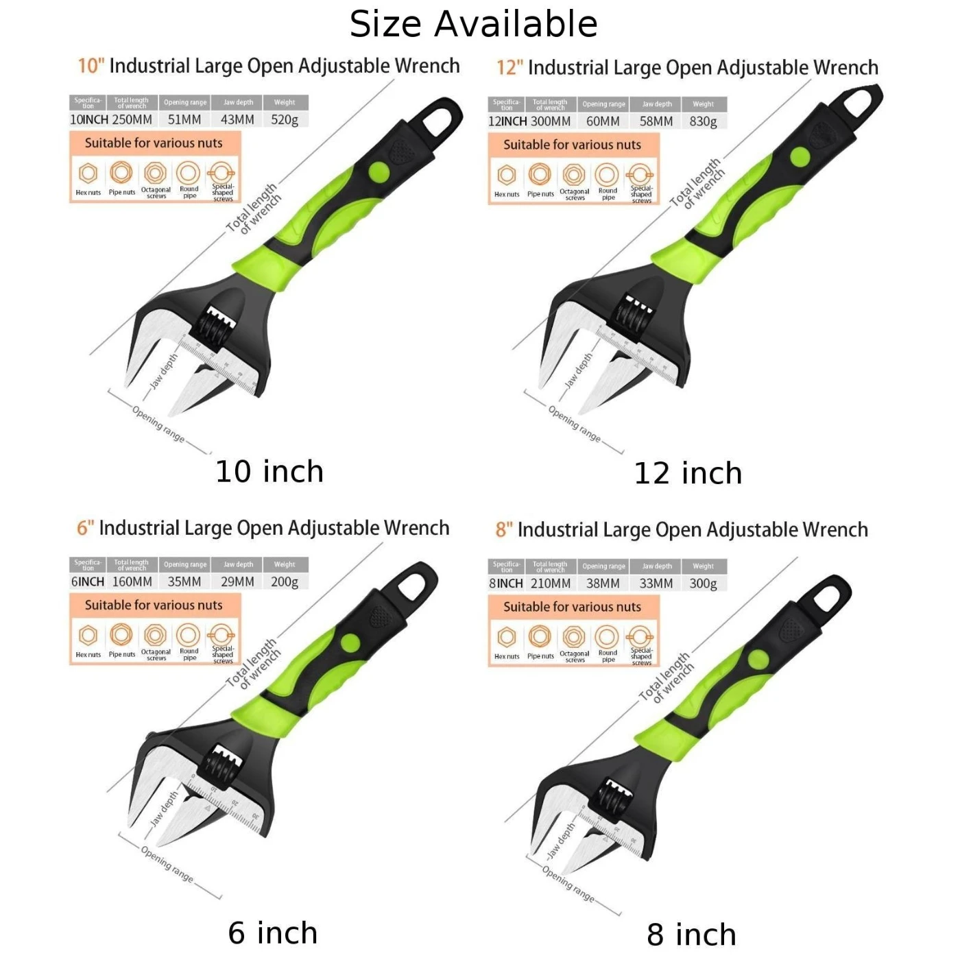 

6" 8" 10" 12" Large Extra Wide Jaw Adjustable Spanner Wrench Nut Pipe Hand Tools