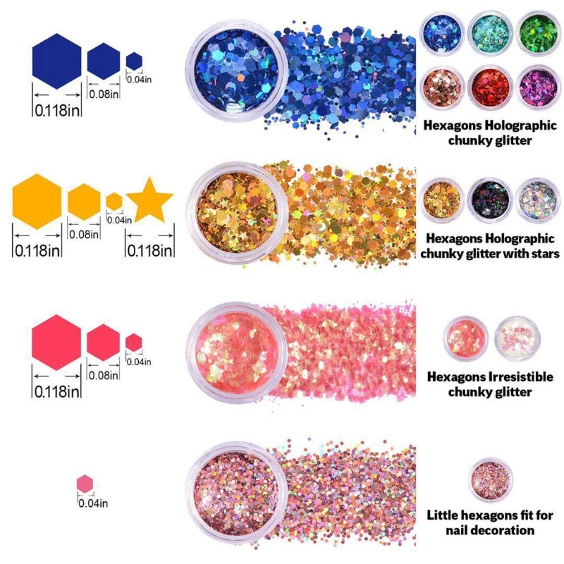 

12 Colors Mixed Holographic Makeup Chunky Glitter Face Body Eye Hair Nail Epoxy Resin Festival Chunky Hexagons Sequins