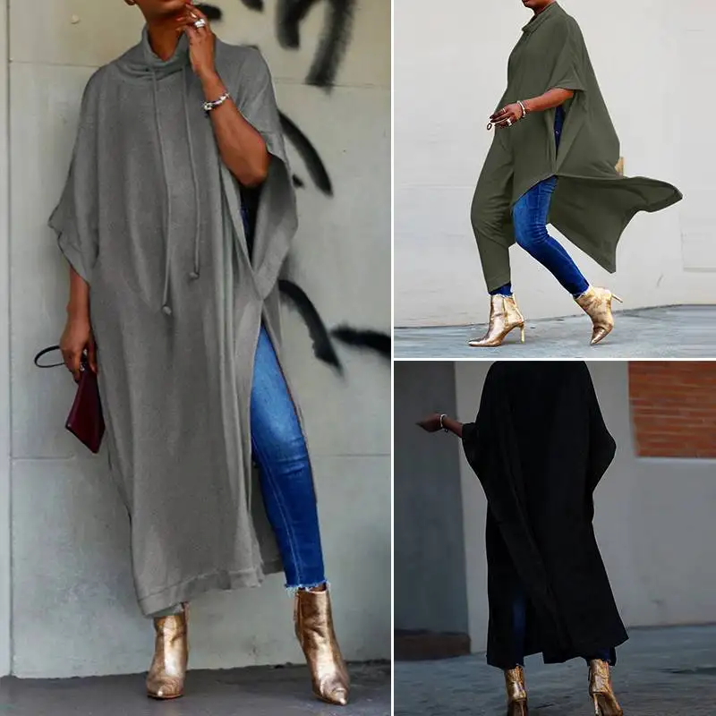 Женская блузка ZANZEA, модная, 3/4 рукав, с разрезом, длинная рубашка, Vestido, повседневная, свободная, пончо, топы, туника, Femme Robe, одноцветная, Blusas