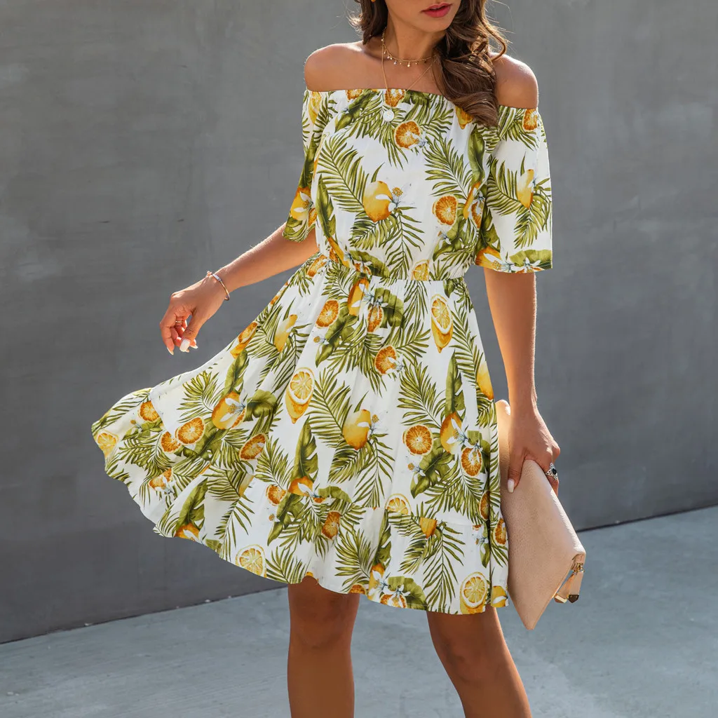 Women Fashion Fruit Lemon Floral Print Mini Dress Casual Sleeveless Dresses Ethnic Holiday Style Refreshing Stmosphere Dr | Женская