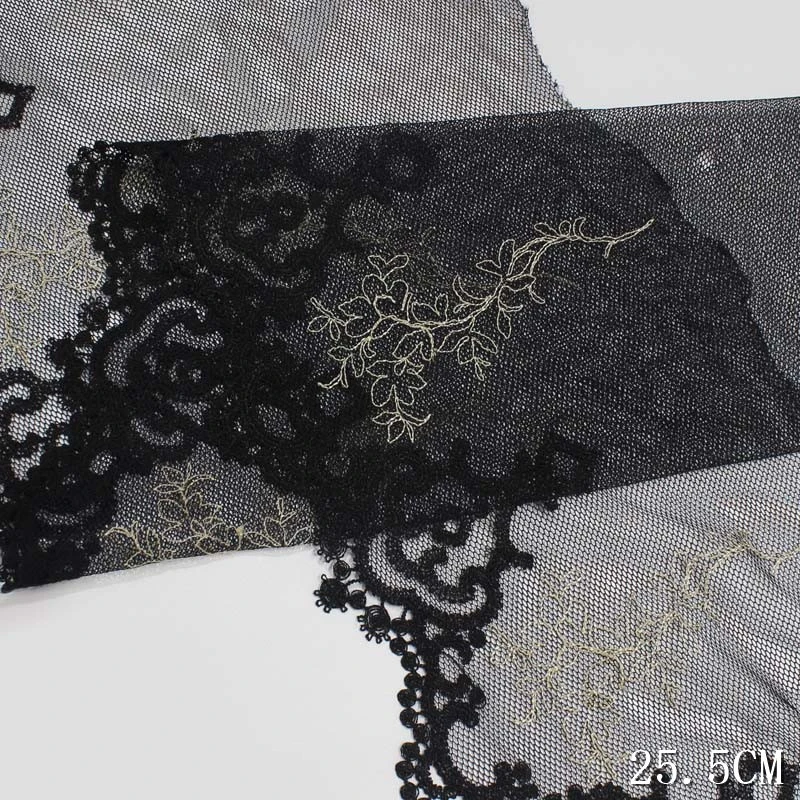 

45Yards Black Floral Embroidered Lace Trim Yellow Leaf Mesh Fabric For Bra Lingerie Underwear Garment Decor DIY 25.5cm Width