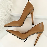 2021 women 10 5cm high heels studded rivets bridal pumps stiletto lady fetish low heels shoes scarpins stripper office heels