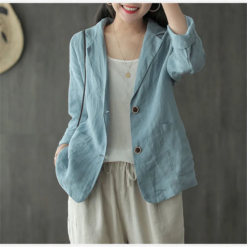 

2021 Fashion Cotton Blazers Women's Autumn Coats Casual Long Sleeve Outwears Female Single Button Overcoats Solid Tunic