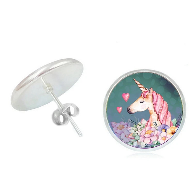 

2020 New Ladies Earrings Creative Cartoon Unicorn Glass Convex Earrings Silver Fashion Women Jewelry Gifts Children's Jewelry