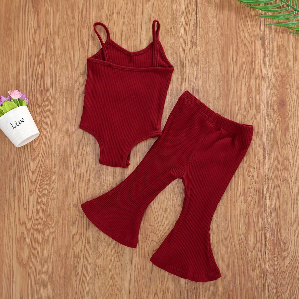 

Infant Baby Girls Clothes Sets Solid Sleeveless Suspenders Romper Tops Long Flare Pants 4 Colors Outfits