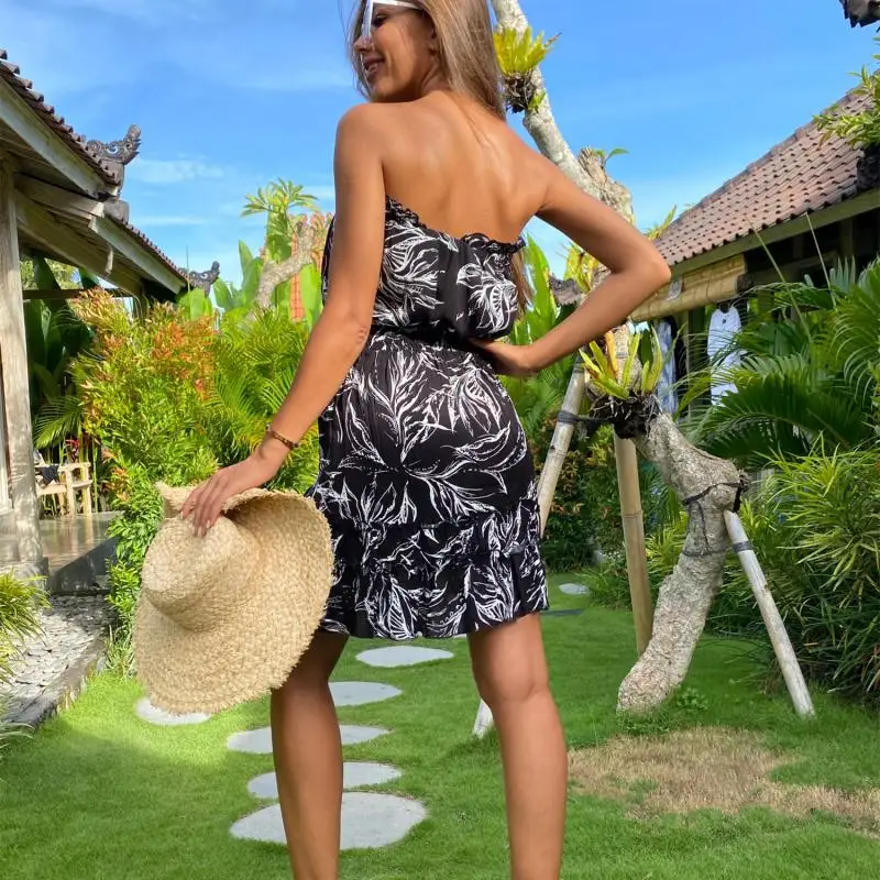 

Women Dresses Spring And Summer 2021 Hot Sale Floral Printed Boho Beach Dress Elastic Collar Sexy Female Mini Wrap Sundress Robe