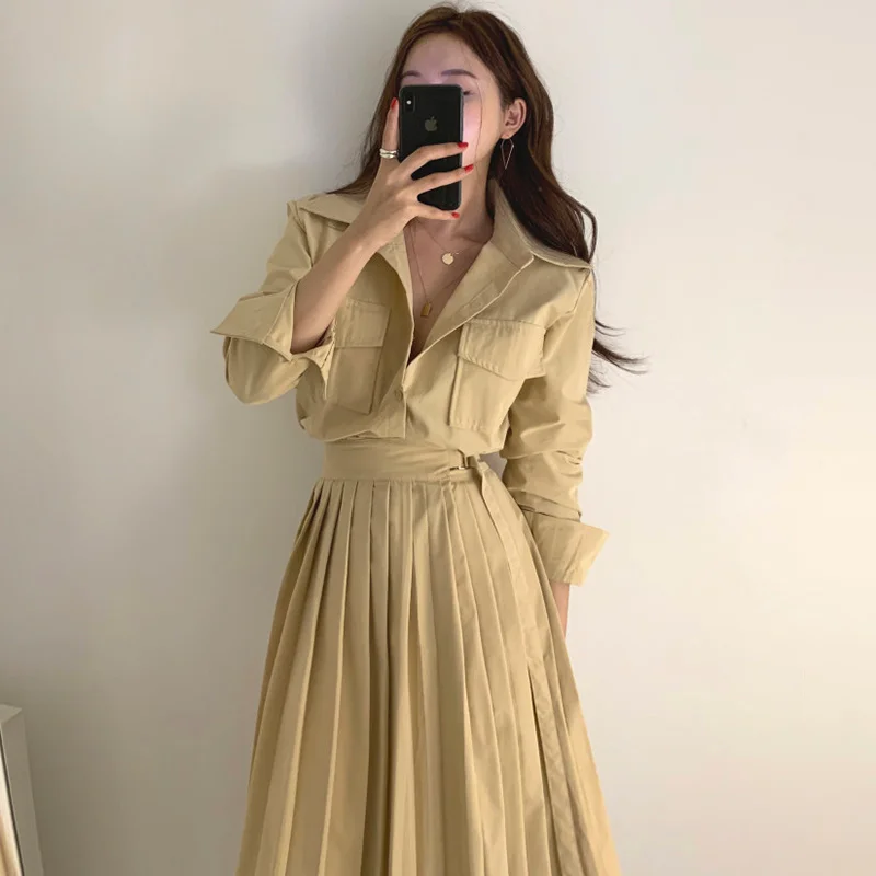 

Women Dress Korean Chic Early Autumn Light Familiar Work Clothes Pocket Lapel One Piece Waist Closing Long Sleeve Pleated Dress