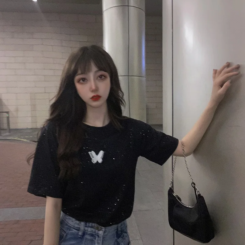 

YTX1662 2021 new design sense butterfly bright shining thin temperament fashion short-sleeved Simplicity and leisure T-shirt