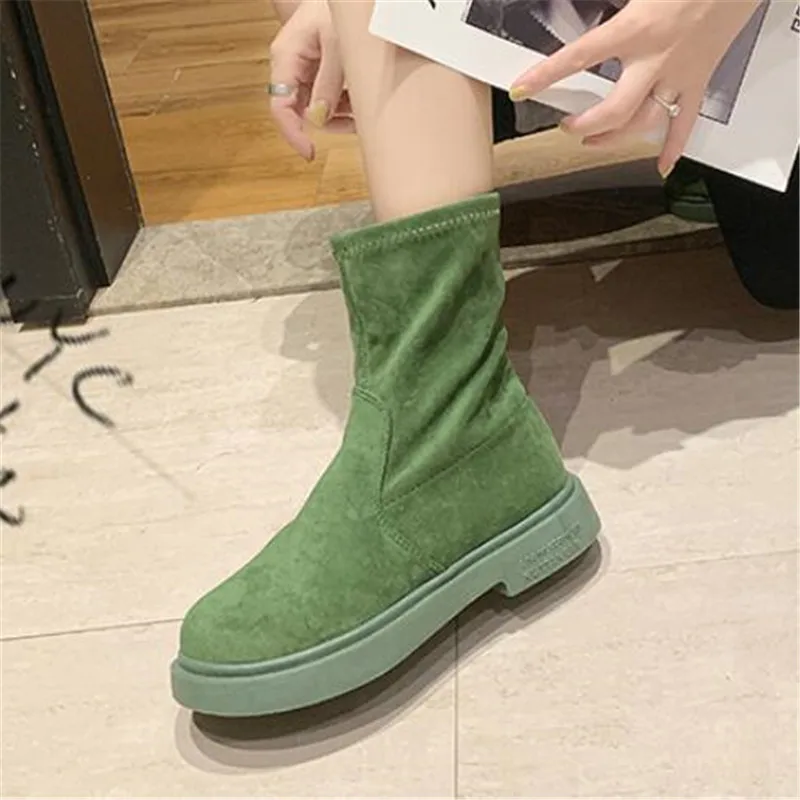 

Women's Mid-Calf Boot 2020 Autumn winter Candy Color Elastic cloth Boots Female Flat Shoes Fashion Woman platform Boot Green
