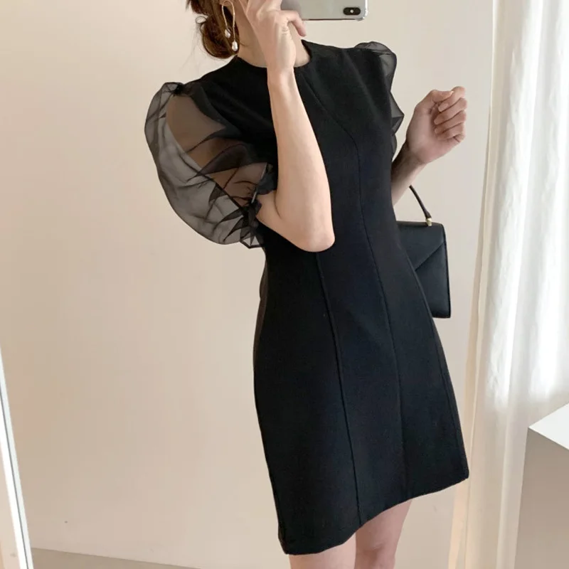 

2021 Summer NewTemperament Waist Slim Black O Neck Puff Sleeve OrganzaPatchwork Chiffon Dress Women Mini Straight Chic Casual