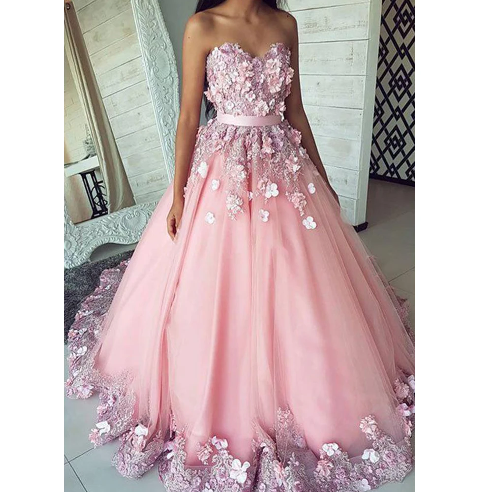 

Pink Tulle Evening Dress Long 2021Princess Lace Applique Sweetheart Strapless Prom Gown A-Line Elegant Skirt Vestidos De Fiesta