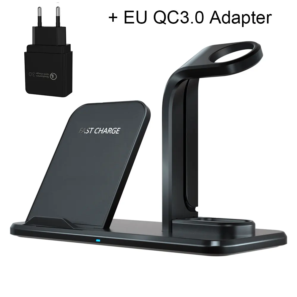 Add EU Adapter Беспроводная подставка для зарядного устройства 3 в 1 беспроводная зарядная док-станция QI для Apple Watch iPhone Xs X Max XR 8 Plus iWatch 1 2 3 4 AirPods - Цвет: Add EU Adapter
