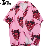 2021 hip hop shirts streetwear mens hawaiian shirt devil head harajuku summer beach shirt hawaii thin pink tops short sleeve