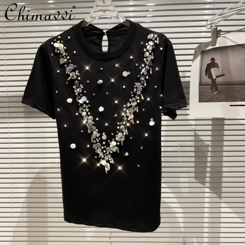 

Футболка с V-образным вырезом и блестками, украшенная жемчугом и бусинами, лето 2021, тяжелая футболка с круглым вырезом и коротким рукавом, мо...