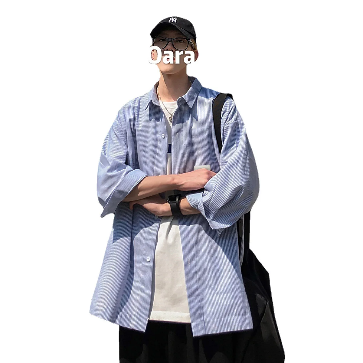 

Summer long sleeve shirt male loose pinstripe shirt Korean edition trend INS Hong Kong wind match five and a half sleeve top