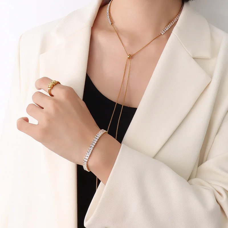 

Tennis Necklace French Inswind Chocker Simple Starry Zircon Titanium Steel Gold-plated Bracelet Set