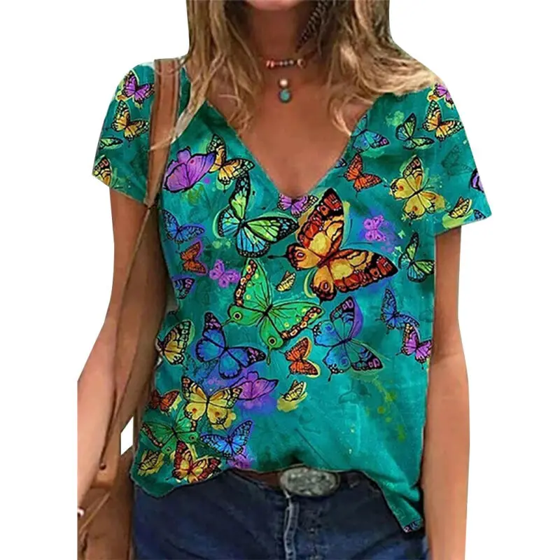 

VICABO Womens Tops V Neck Short Sleeve T Shirt Tops Summer Vintage Butterfly Print Woman Tshirts 2021 Trend