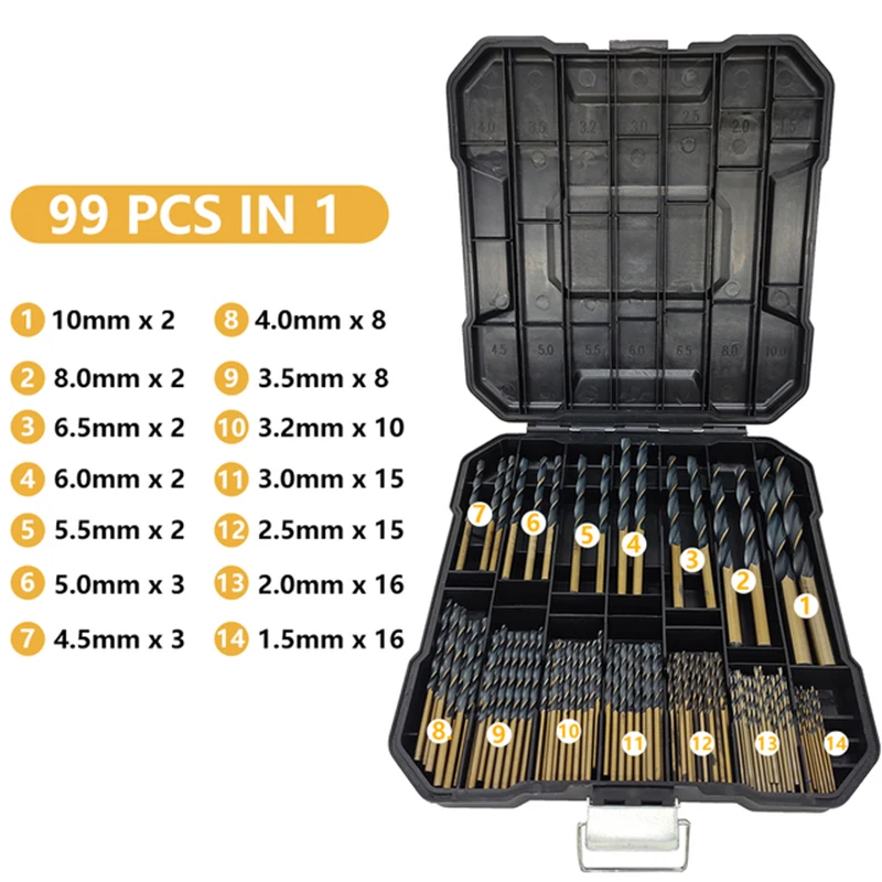 

99Pcs HSS Twist Drill Bit 1.5mm-10mm Hardening coating surface 135 degrees power tool accessories used for Wood Metalworking
