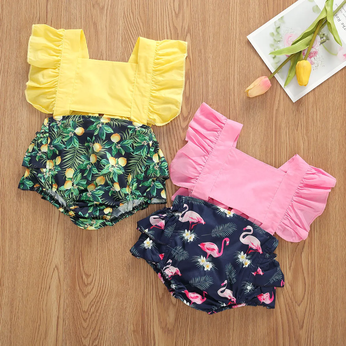 Baby Girl Summer Clothing Suits Short Flare Sleeve Jumpsuit Lemon Pineapple Flamingo Print Square Collar | Мать и ребенок