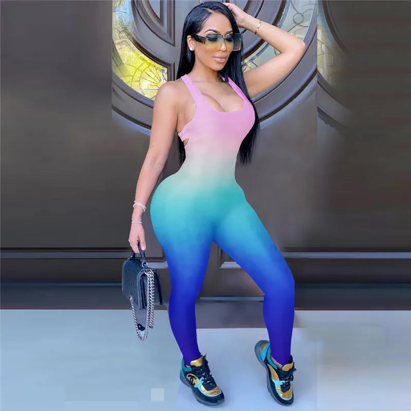 

Gradient Print Blackless Strap Jumpsuit Rompers Trousers 2020 Sexy Women Sleeveless Bodycon Slim Summer Jumpsuit O-neck Clubwear
