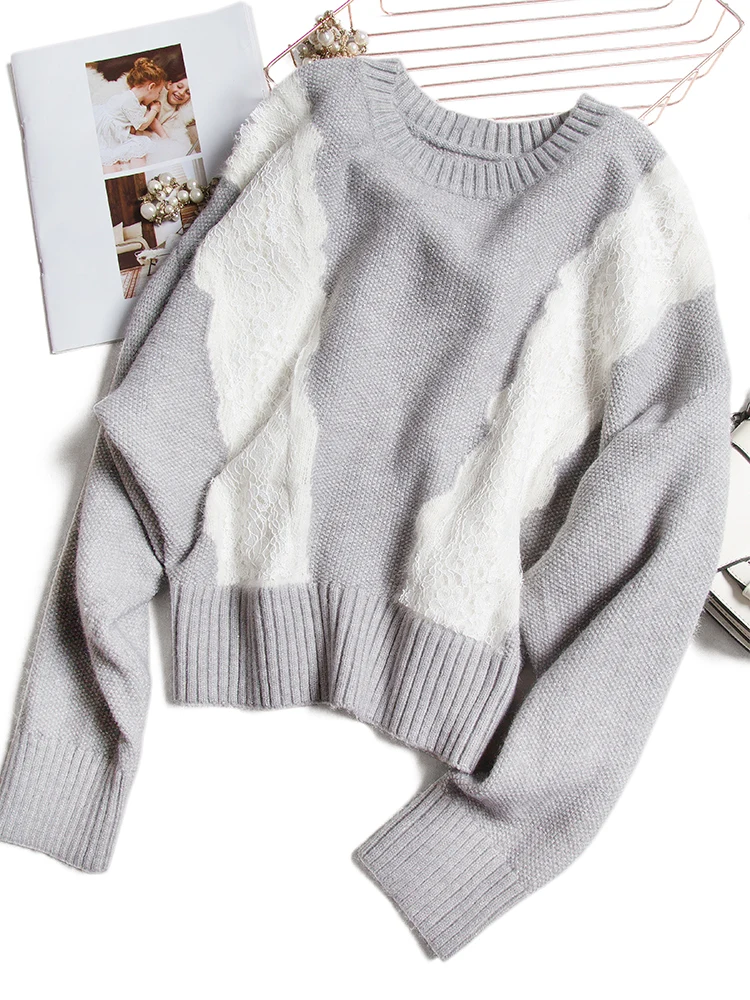 

Sweater Wool Vintage Patchwork Lace High Street O-Neck Woman Sweaters Fall 2021 Clothing Pollover Long Sleeve Top Women